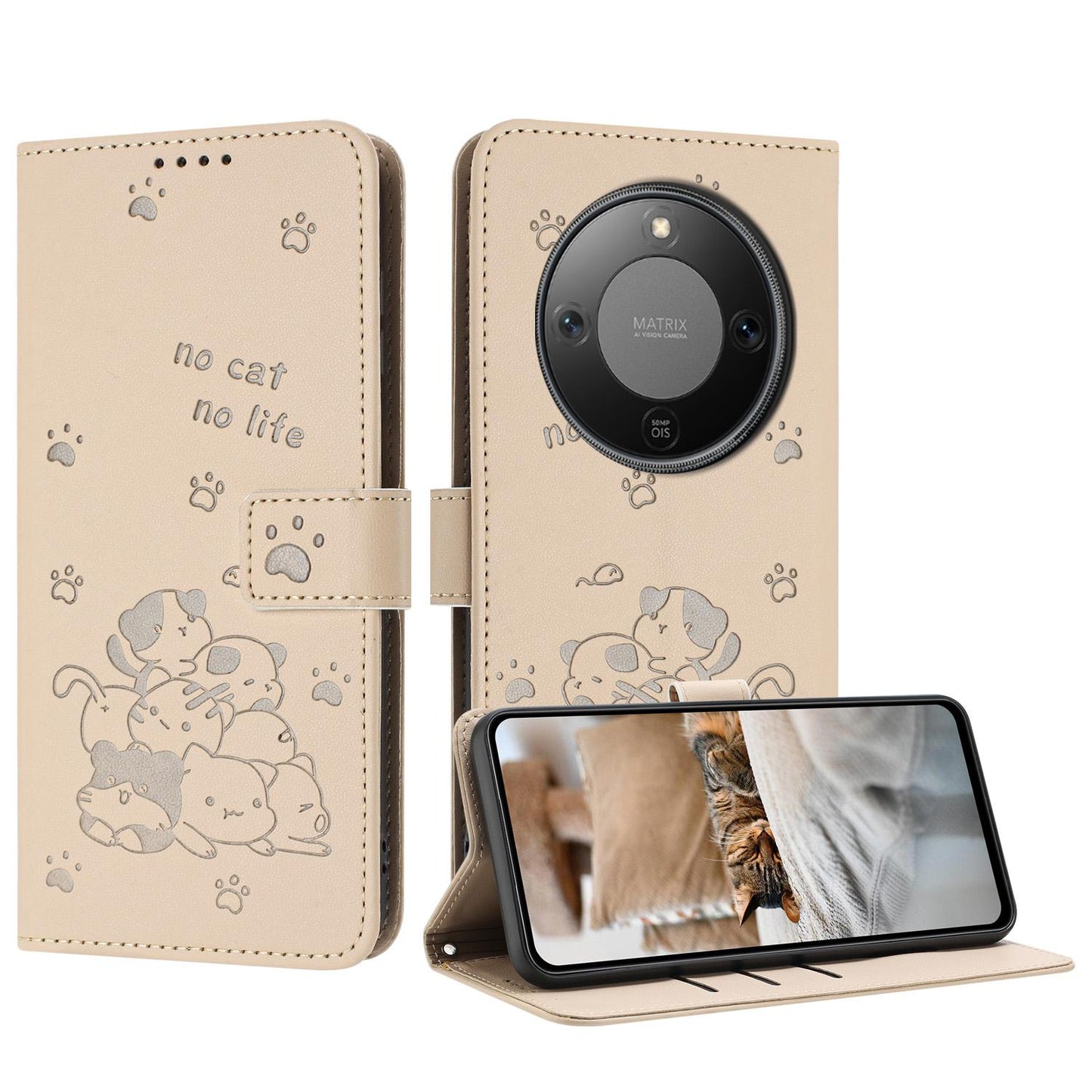 Honor X70 5G Embossed Kitten PU Leather Wallet Case with Card Slots, Cash Pocket, Kickstand Function, Wrist Lanyard Strap, Full Protective TPU Flip Cover