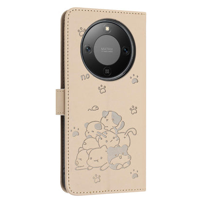 Honor X70 5G Embossed Kitten PU Leather Wallet Case with Card Slots, Cash Pocket, Kickstand Function, Wrist Lanyard Strap, Full Protective TPU Flip Cover