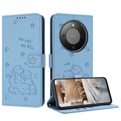 Honor X70 5G Embossed Kitten PU Leather Wallet Case with Card Slots, Cash Pocket, Kickstand Function, Wrist Lanyard Strap, Full Protective TPU Flip Cover