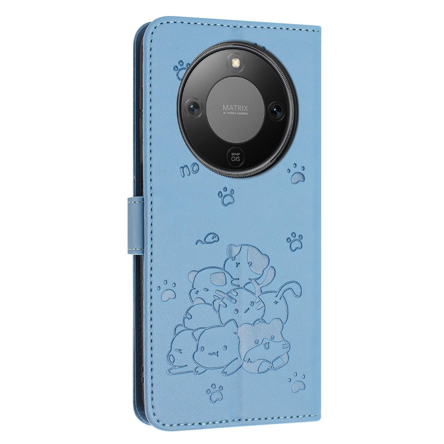 Honor X70 5G Embossed Kitten PU Leather Wallet Case with Card Slots, Cash Pocket, Kickstand Function, Wrist Lanyard Strap, Full Protective TPU Flip Cover