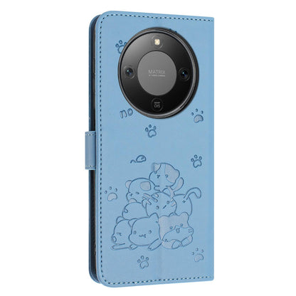 Honor X70 5G Embossed Kitten PU Leather Wallet Case with Card Slots, Cash Pocket, Kickstand Function, Wrist Lanyard Strap, Full Protective TPU Flip Cover