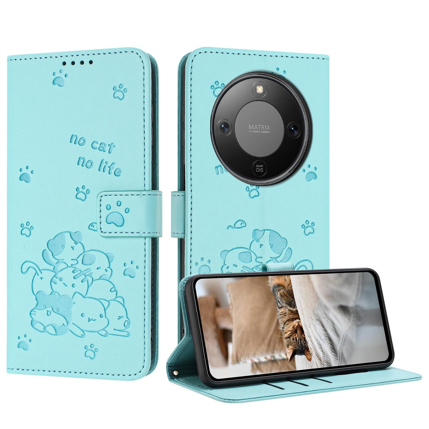 Honor X70 5G Embossed Kitten PU Leather Wallet Case with Card Slots, Cash Pocket, Kickstand Function, Wrist Lanyard Strap, Full Protective TPU Flip Cover