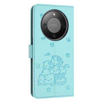 Honor X70 5G Embossed Kitten PU Leather Wallet Case with Card Slots, Cash Pocket, Kickstand Function, Wrist Lanyard Strap, Full Protective TPU Flip Cover