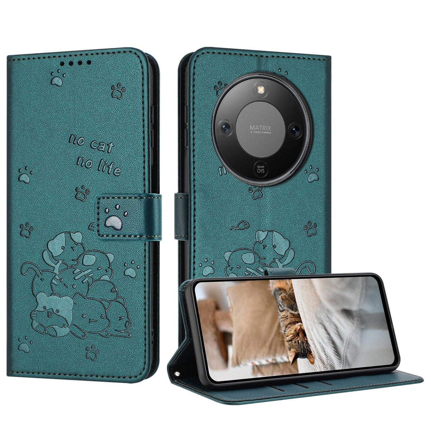 Honor X70 5G Embossed Kitten PU Leather Wallet Case with Card Slots, Cash Pocket, Kickstand Function, Wrist Lanyard Strap, Full Protective TPU Flip Cover