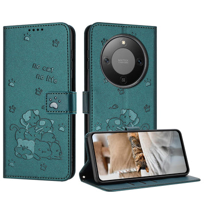 Honor X70 5G Embossed Kitten PU Leather Wallet Case with Card Slots, Cash Pocket, Kickstand Function, Wrist Lanyard Strap, Full Protective TPU Flip Cover