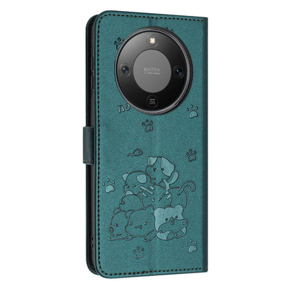 Honor X70 5G Embossed Kitten PU Leather Wallet Case with Card Slots, Cash Pocket, Kickstand Function, Wrist Lanyard Strap, Full Protective TPU Flip Cover