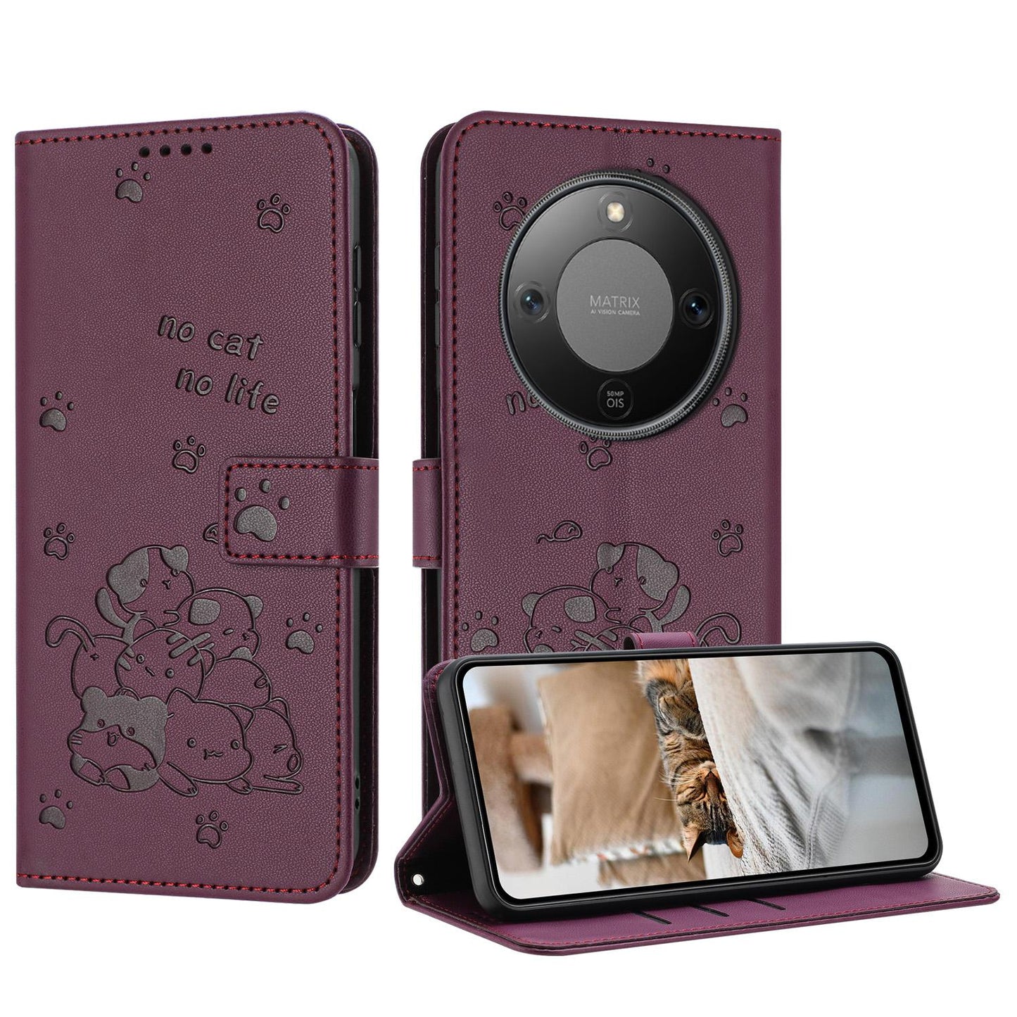 Honor X70 5G Embossed Kitten PU Leather Wallet Case with Card Slots, Cash Pocket, Kickstand Function, Wrist Lanyard Strap, Full Protective TPU Flip Cover