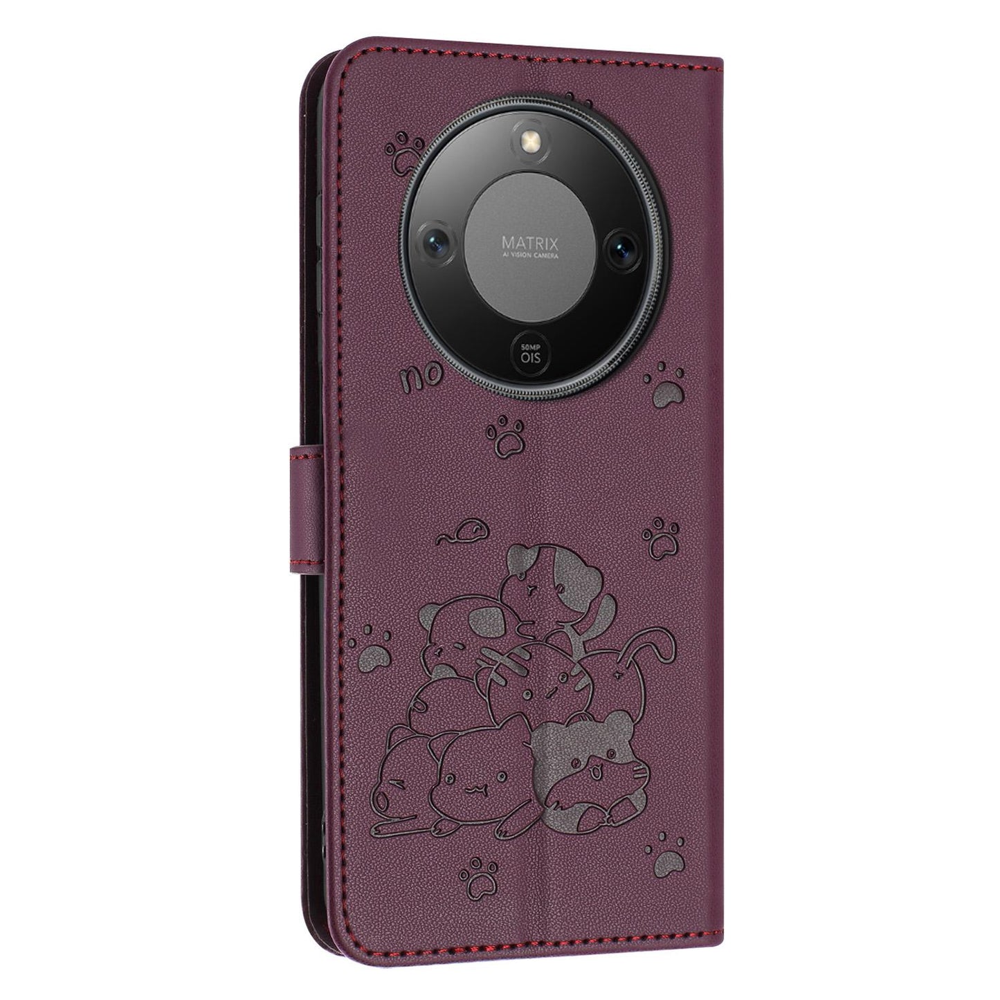 Honor X70 5G Embossed Kitten PU Leather Wallet Case with Card Slots, Cash Pocket, Kickstand Function, Wrist Lanyard Strap, Full Protective TPU Flip Cover