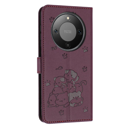 Honor X70 5G Embossed Kitten PU Leather Wallet Case with Card Slots, Cash Pocket, Kickstand Function, Wrist Lanyard Strap, Full Protective TPU Flip Cover