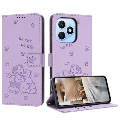 Honor X8d 4G Embossed Kitten PU Leather Wallet Case with Card Slots, Cash Pocket, Kickstand Function, Wrist Lanyard Strap, Full Protective TPU Flip Cover