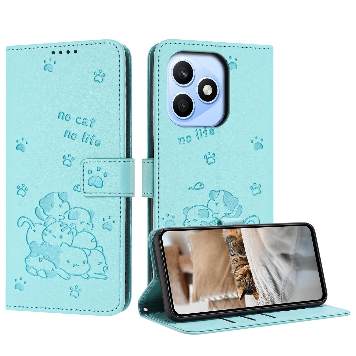 Honor X8d 4G Embossed Kitten PU Leather Wallet Case with Card Slots, Cash Pocket, Kickstand Function, Wrist Lanyard Strap, Full Protective TPU Flip Cover
