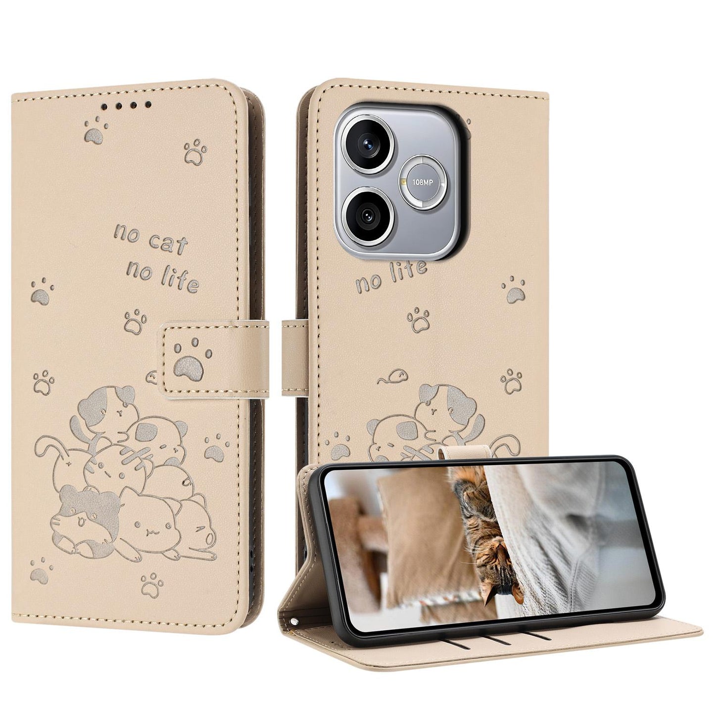 Honor 600 Lite Embossed Kitten PU Leather Wallet Case with Card Slots, Cash Pocket, Kickstand Function, Wrist Lanyard Strap, Full Protective TPU Flip Cover