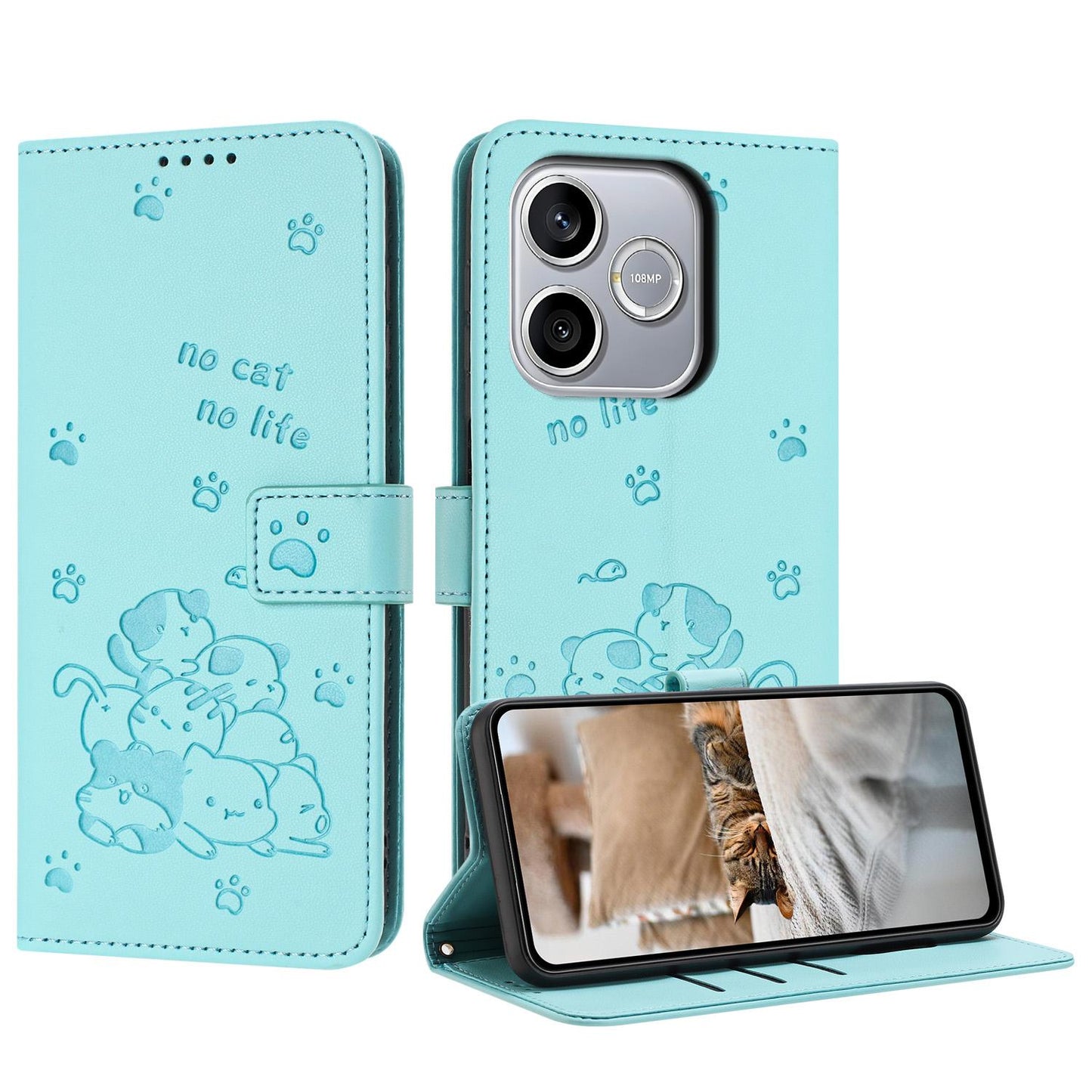 Honor 600 Lite Embossed Kitten PU Leather Wallet Case with Card Slots, Cash Pocket, Kickstand Function, Wrist Lanyard Strap, Full Protective TPU Flip Cover
