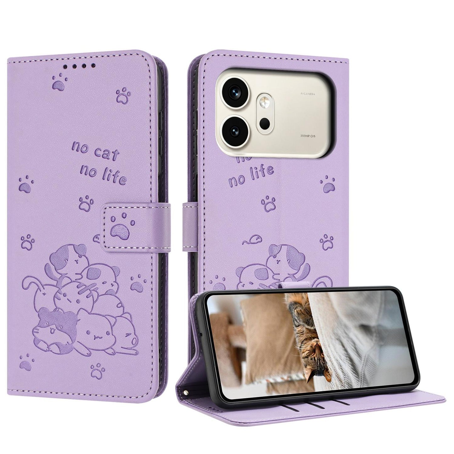 Honor 600 Pro Embossed Kitten PU Leather Wallet Case with Card Slots, Cash Pocket, Kickstand Function, Wrist Lanyard Strap, Full Protective TPU Flip Cover