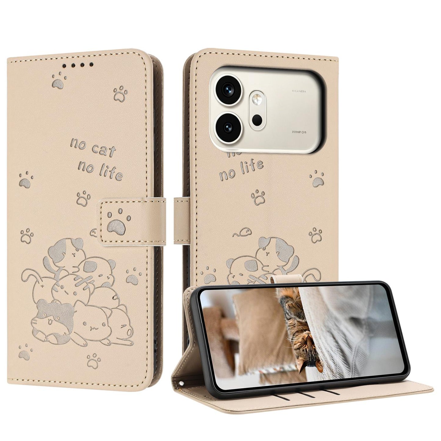 Honor 600 Embossed Kitten PU Leather Wallet Case with Card Slots, Cash Pocket, Kickstand Function, Wrist Lanyard Strap, Full Protective TPU Flip Cover