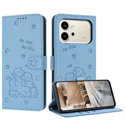 Honor 600 Embossed Kitten PU Leather Wallet Case with Card Slots, Cash Pocket, Kickstand Function, Wrist Lanyard Strap, Full Protective TPU Flip Cover
