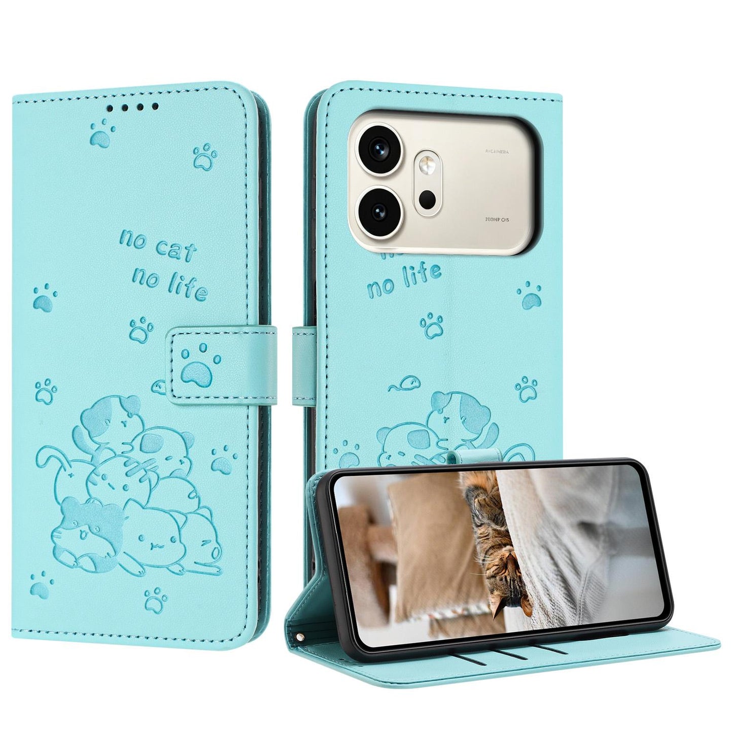 Honor 600 Embossed Kitten PU Leather Wallet Case with Card Slots, Cash Pocket, Kickstand Function, Wrist Lanyard Strap, Full Protective TPU Flip Cover