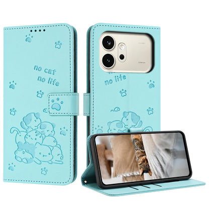 Honor 600 Pro Embossed Kitten PU Leather Wallet Case with Card Slots, Cash Pocket, Kickstand Function, Wrist Lanyard Strap, Full Protective TPU Flip Cover
