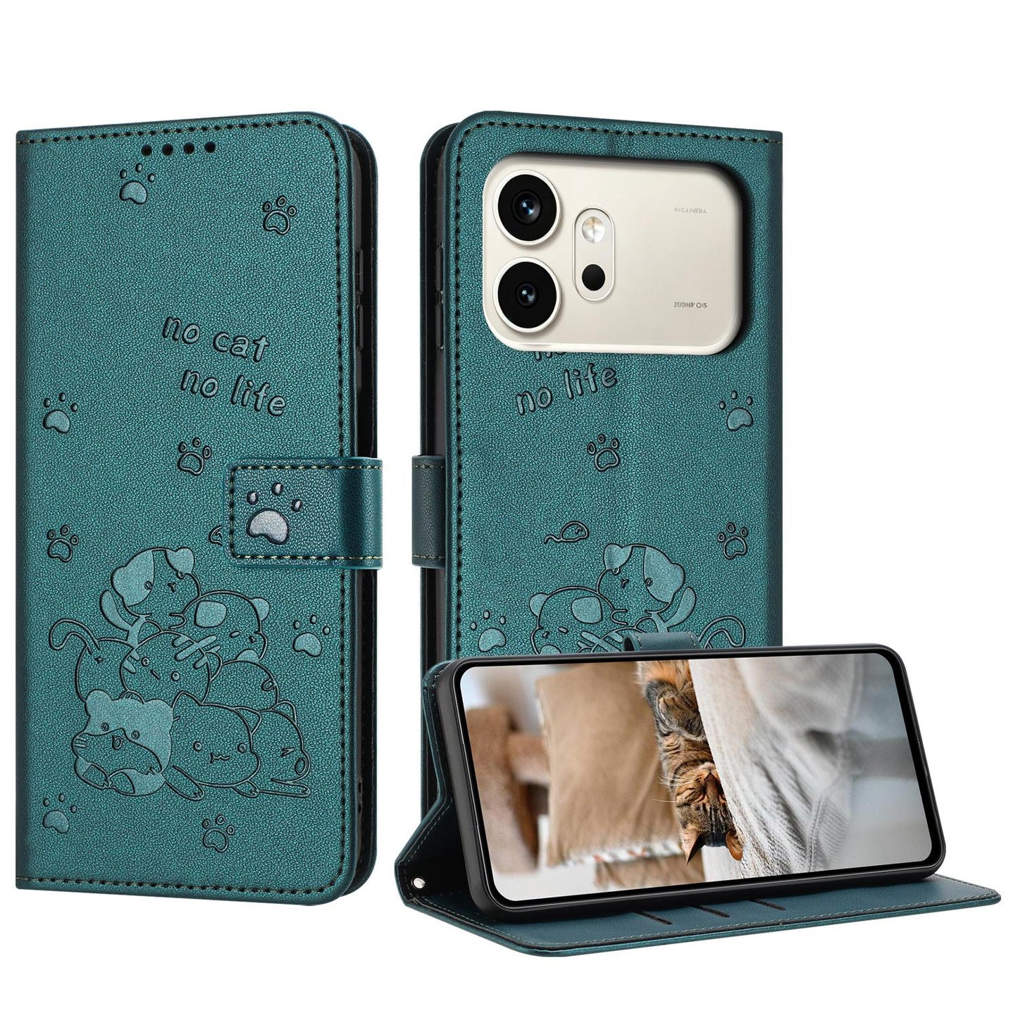 Honor 600 Embossed Kitten PU Leather Wallet Case with Card Slots, Cash Pocket, Kickstand Function, Wrist Lanyard Strap, Full Protective TPU Flip Cover