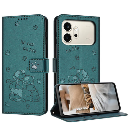 Honor 600 Embossed Kitten PU Leather Wallet Case with Card Slots, Cash Pocket, Kickstand Function, Wrist Lanyard Strap, Full Protective TPU Flip Cover