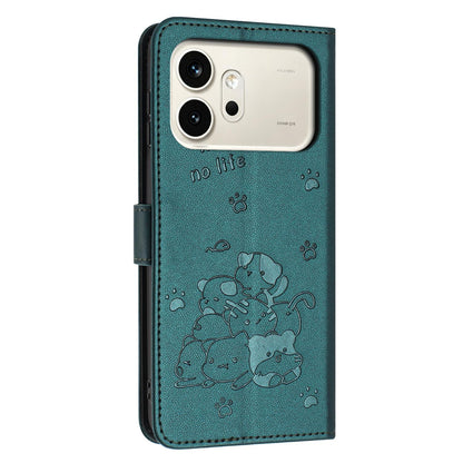 Honor 600 Pro Embossed Kitten PU Leather Wallet Case with Card Slots, Cash Pocket, Kickstand Function, Wrist Lanyard Strap, Full Protective TPU Flip Cover