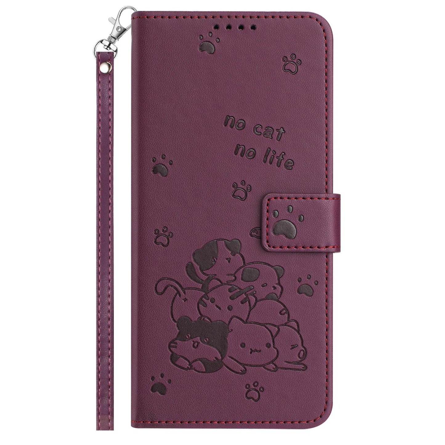 Honor 600 Embossed Kitten PU Leather Wallet Case with Card Slots, Cash Pocket, Kickstand Function, Wrist Lanyard Strap, Full Protective TPU Flip Cover