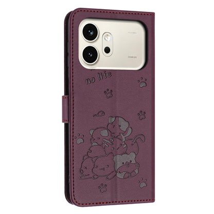 Honor 600 Pro Embossed Kitten PU Leather Wallet Case with Card Slots, Cash Pocket, Kickstand Function, Wrist Lanyard Strap, Full Protective TPU Flip Cover