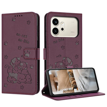 Honor 600 Pro Embossed Kitten PU Leather Wallet Case with Card Slots, Cash Pocket, Kickstand Function, Wrist Lanyard Strap, Full Protective TPU Flip Cover