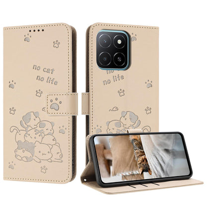 Honor X6d 5G Embossed Kitten PU Leather Wallet Case with Card Slots, Cash Pocket, Kickstand Function, Wrist Lanyard Strap, Full Protective TPU Flip Cover