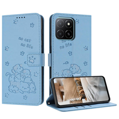 Honor X6d 5G Embossed Kitten PU Leather Wallet Case with Card Slots, Cash Pocket, Kickstand Function, Wrist Lanyard Strap, Full Protective TPU Flip Cover