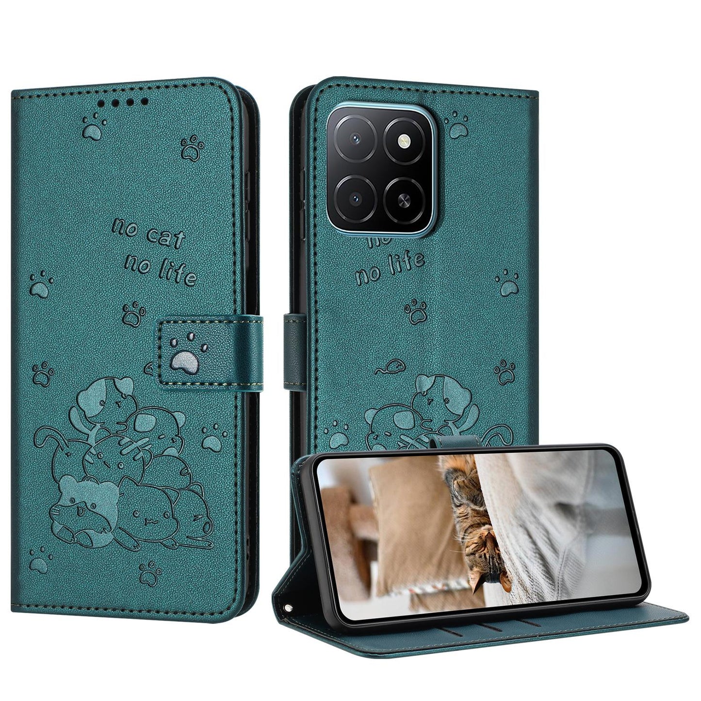 Honor X6d 5G Embossed Kitten PU Leather Wallet Case with Card Slots, Cash Pocket, Kickstand Function, Wrist Lanyard Strap, Full Protective TPU Flip Cover