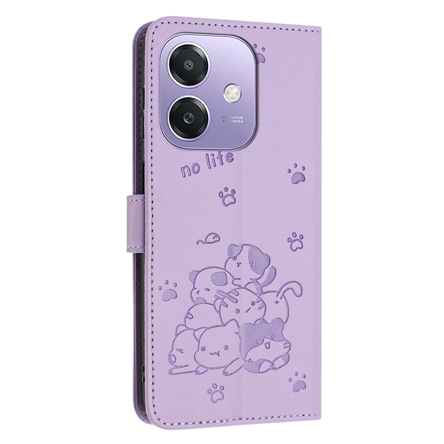OPPO A3 4G Embossed Kitten PU Leather Wallet Case with Card Slots, Cash Pocket, Kickstand Function, Wrist Lanyard Strap, Full Protective TPU Flip Cover