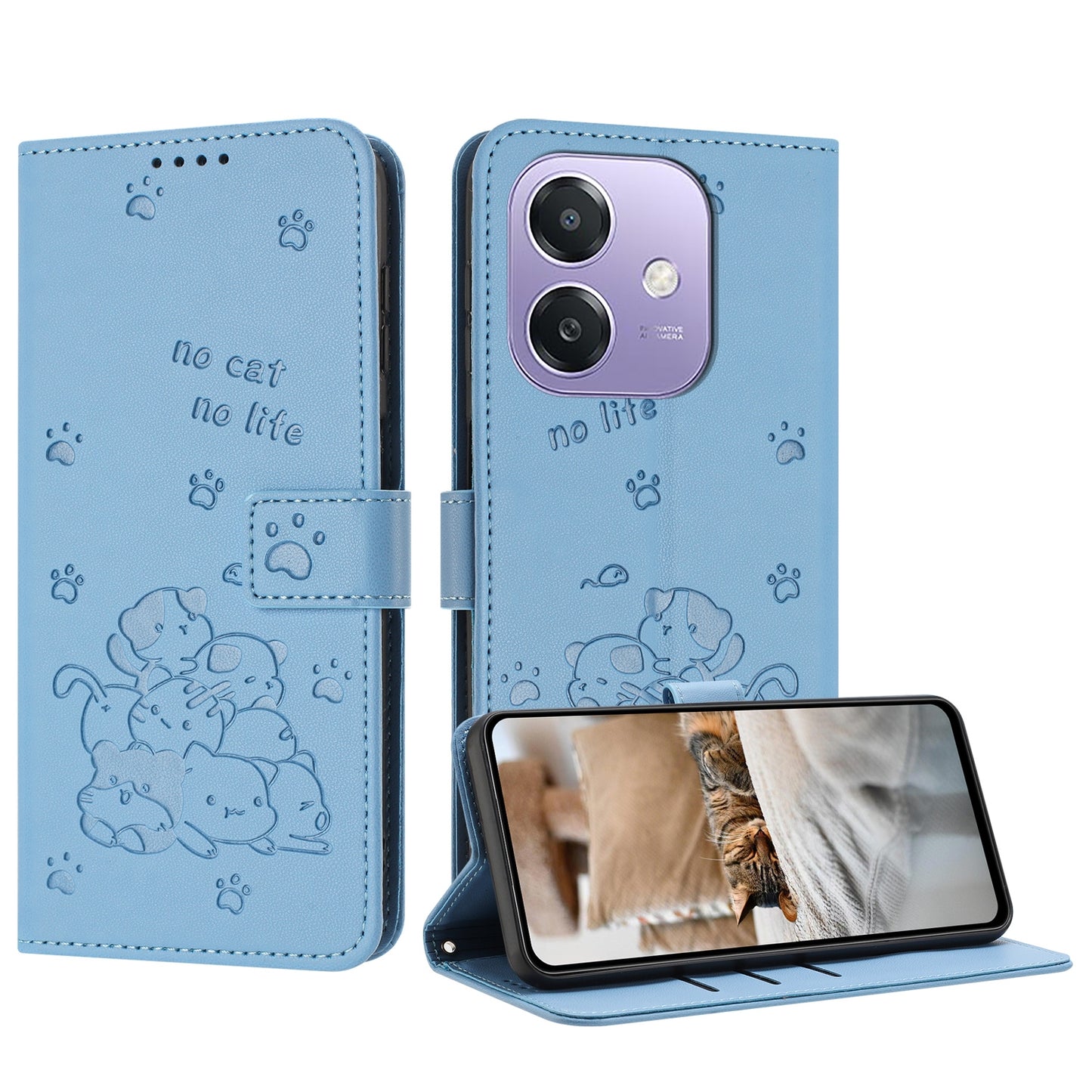 OPPO A3 4G Embossed Kitten PU Leather Wallet Case with Card Slots, Cash Pocket, Kickstand Function, Wrist Lanyard Strap, Full Protective TPU Flip Cover