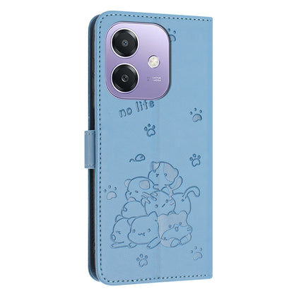 OPPO A3 4G Embossed Kitten PU Leather Wallet Case with Card Slots, Cash Pocket, Kickstand Function, Wrist Lanyard Strap, Full Protective TPU Flip Cover