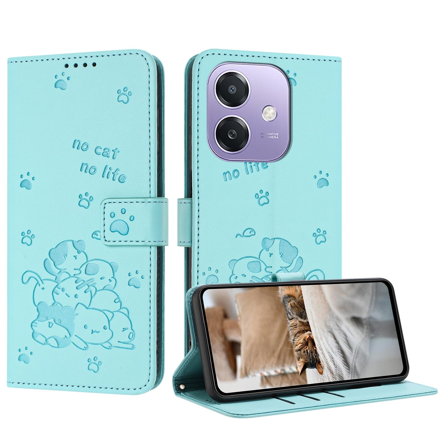 OPPO A3 4G Embossed Kitten PU Leather Wallet Case with Card Slots, Cash Pocket, Kickstand Function, Wrist Lanyard Strap, Full Protective TPU Flip Cover