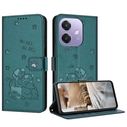 OPPO A3 4G Embossed Kitten PU Leather Wallet Case with Card Slots, Cash Pocket, Kickstand Function, Wrist Lanyard Strap, Full Protective TPU Flip Cover