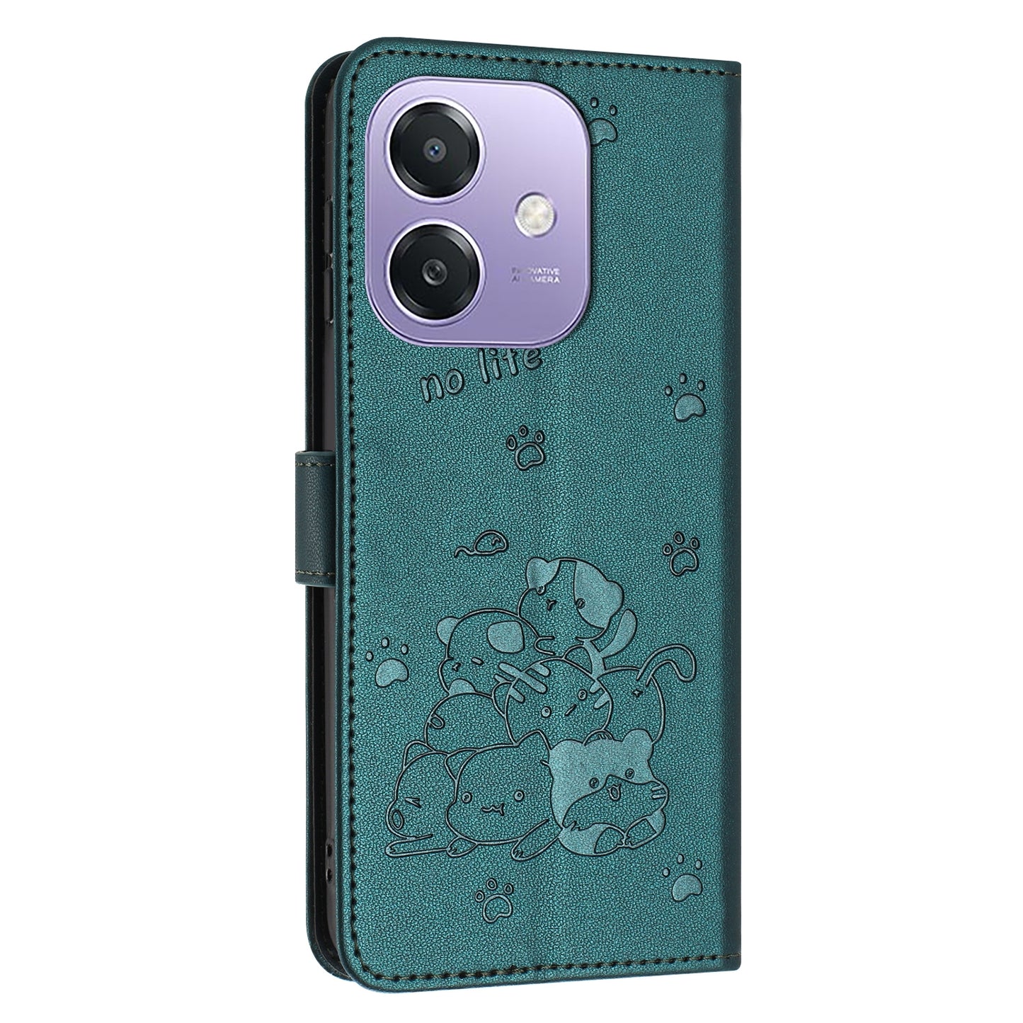OPPO A3 4G Embossed Kitten PU Leather Wallet Case with Card Slots, Cash Pocket, Kickstand Function, Wrist Lanyard Strap, Full Protective TPU Flip Cover
