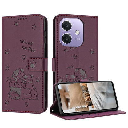 OPPO A3 4G Embossed Kitten PU Leather Wallet Case with Card Slots, Cash Pocket, Kickstand Function, Wrist Lanyard Strap, Full Protective TPU Flip Cover