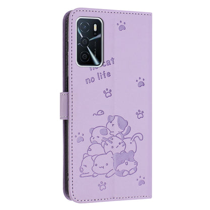 OPPO A16 Embossed Kitten PU Leather Wallet Case with Card Slots, Cash Pocket, Kickstand Function, Wrist Lanyard Strap, Full Protective TPU Flip Cover
