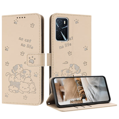 OPPO A16 Embossed Kitten PU Leather Wallet Case with Card Slots, Cash Pocket, Kickstand Function, Wrist Lanyard Strap, Full Protective TPU Flip Cover