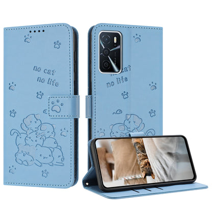 OPPO A16 Embossed Kitten PU Leather Wallet Case with Card Slots, Cash Pocket, Kickstand Function, Wrist Lanyard Strap, Full Protective TPU Flip Cover