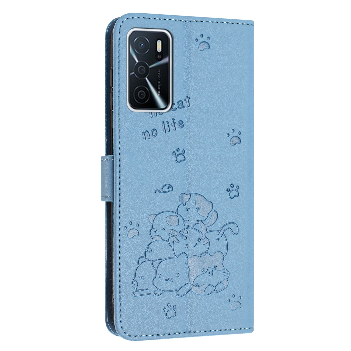 OPPO A54s Embossed Kitten PU Leather Wallet Case with Card Slots, Cash Pocket, Kickstand Function, Wrist Lanyard Strap, Full Protective TPU Flip Cover