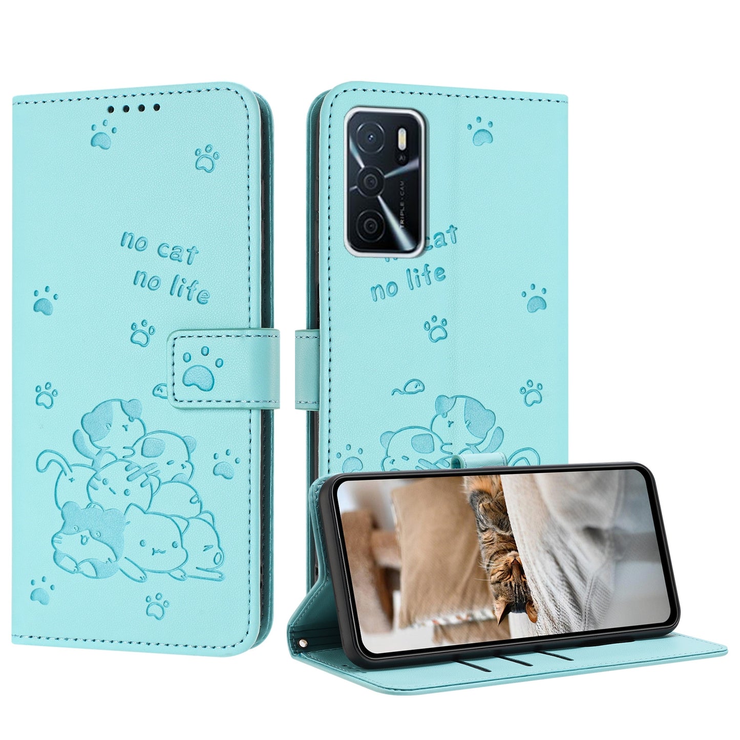 OPPO A54s Embossed Kitten PU Leather Wallet Case with Card Slots, Cash Pocket, Kickstand Function, Wrist Lanyard Strap, Full Protective TPU Flip Cover