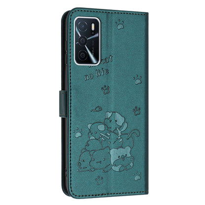 OPPO A16 Embossed Kitten PU Leather Wallet Case with Card Slots, Cash Pocket, Kickstand Function, Wrist Lanyard Strap, Full Protective TPU Flip Cover