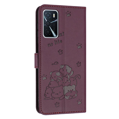 OPPO A16 Embossed Kitten PU Leather Wallet Case with Card Slots, Cash Pocket, Kickstand Function, Wrist Lanyard Strap, Full Protective TPU Flip Cover