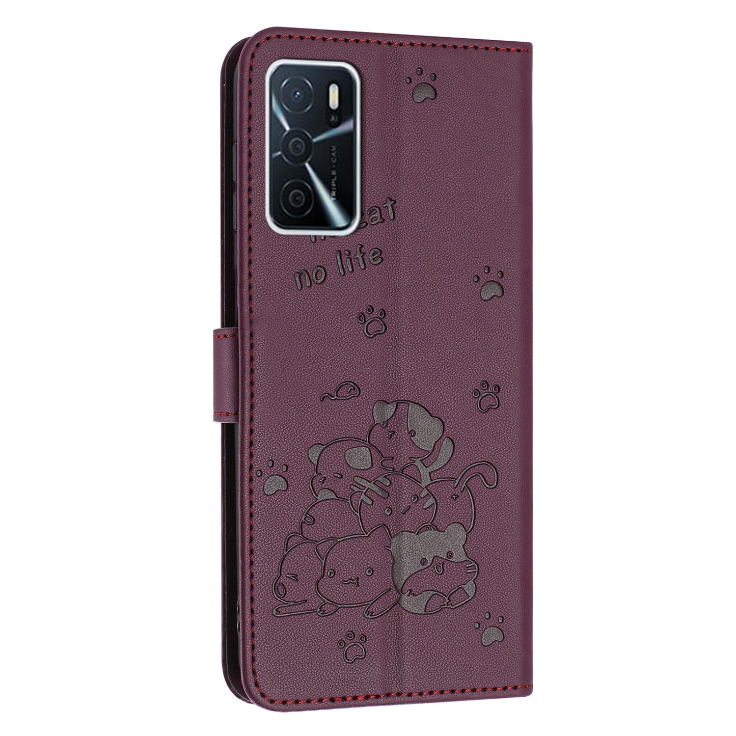 OPPO A54s Embossed Kitten PU Leather Wallet Case with Card Slots, Cash Pocket, Kickstand Function, Wrist Lanyard Strap, Full Protective TPU Flip Cover