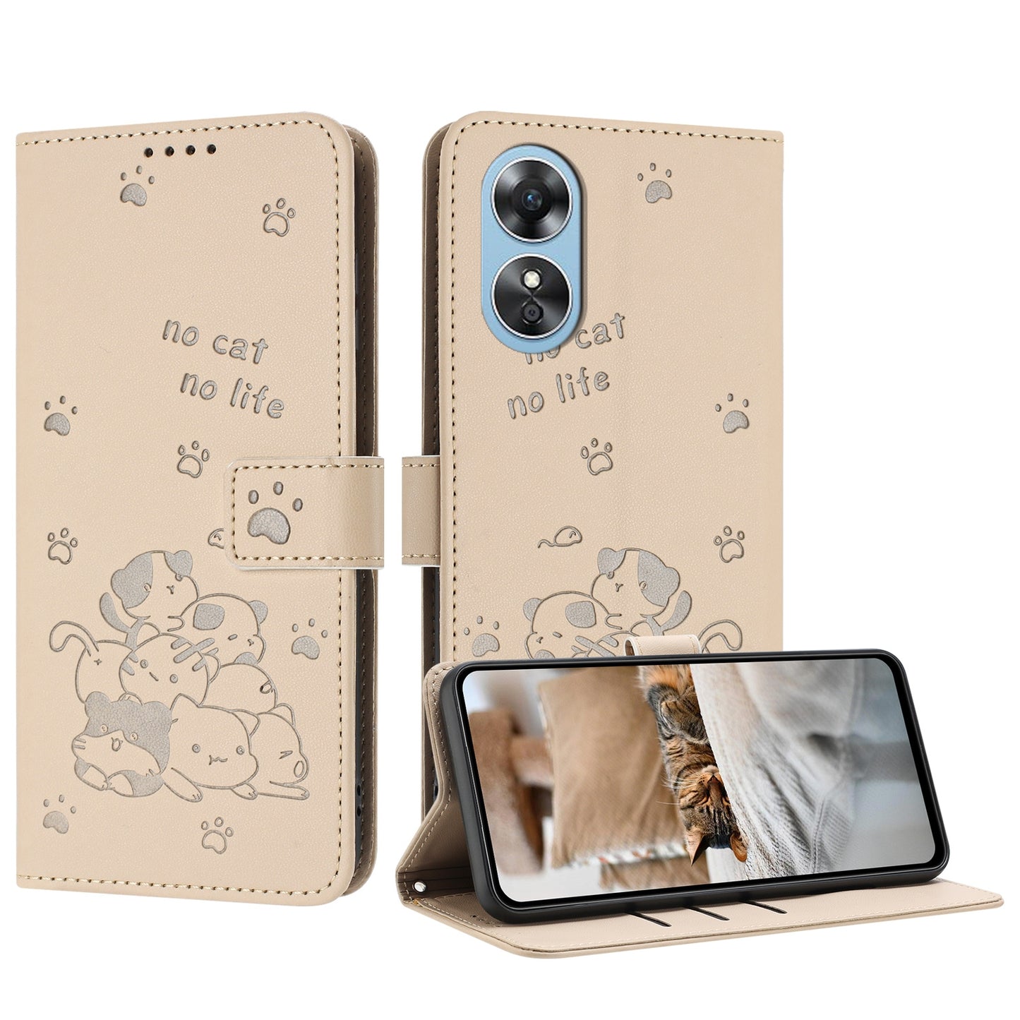 OPPO A17 4G Embossed Kitten PU Leather Wallet Case with Card Slots, Cash Pocket, Kickstand Function, Wrist Lanyard Strap, Full Protective TPU Flip Cover