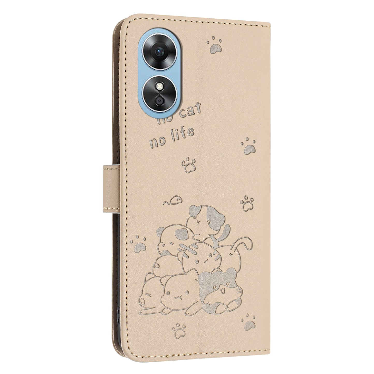 OPPO A17 4G Embossed Kitten PU Leather Wallet Case with Card Slots, Cash Pocket, Kickstand Function, Wrist Lanyard Strap, Full Protective TPU Flip Cover