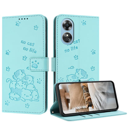 OPPO A17 4G Embossed Kitten PU Leather Wallet Case with Card Slots, Cash Pocket, Kickstand Function, Wrist Lanyard Strap, Full Protective TPU Flip Cover