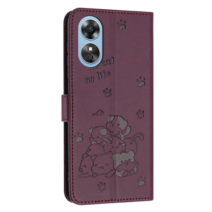 OPPO A17 4G Embossed Kitten PU Leather Wallet Case with Card Slots, Cash Pocket, Kickstand Function, Wrist Lanyard Strap, Full Protective TPU Flip Cover